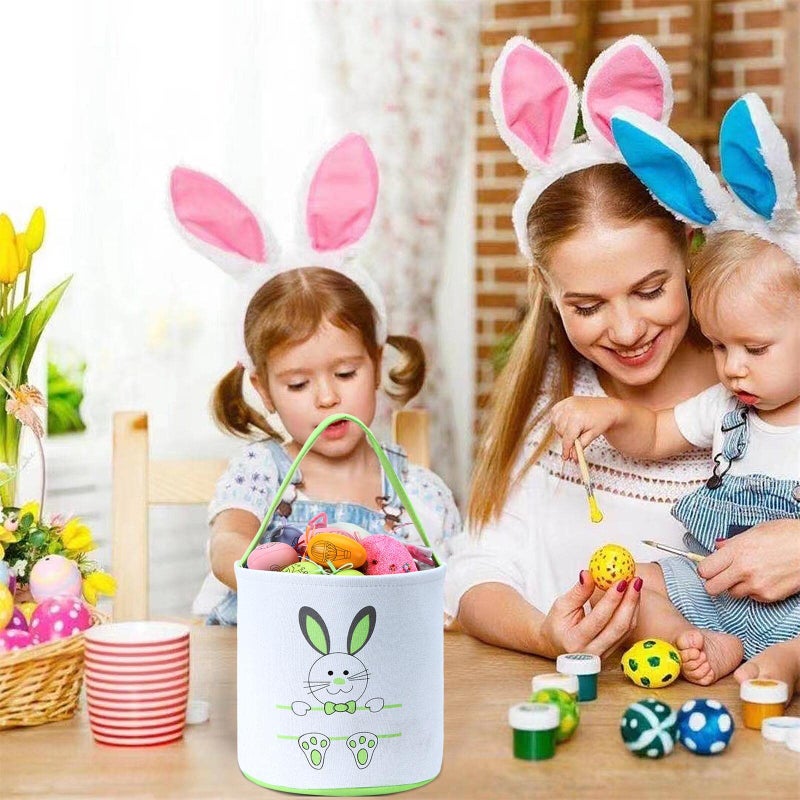 XinblueCo Easter Bunny Basket Egg Bags for Kids,Canvas Cotton Personalized Candy Egg Basket Rabbit Print Buckets with Fluffy Tail Gifts Bags for Easterâ€¦â€¦ - Image 2